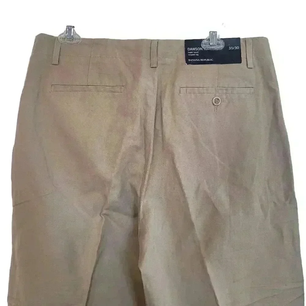 Banana Republic Men's Tan Linen/Cotton Dawson Flat Front Relaxed Leg Lower Waist